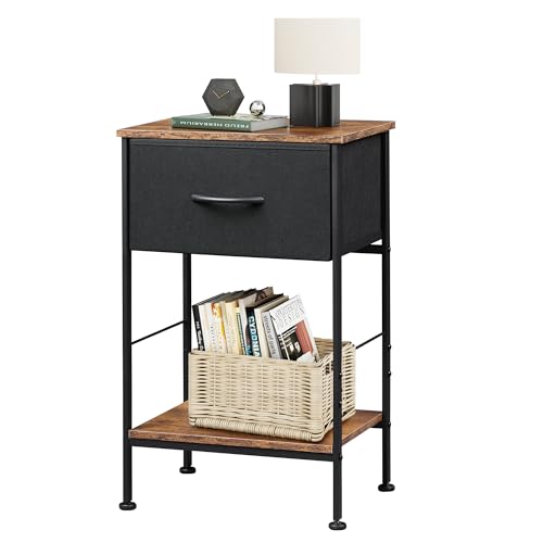 WLIVE Nachttisch, Beistelltisch mit Stoffschublade und Ablage, Nachtschrank Schlafzimmer mit Metallrahmen, für Wohnzimmer, Vintagebraun-Schwarz