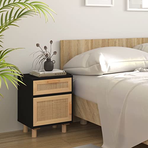 puraday Nachttisch Schwarz Massivholz Kiefer und Natur-Rattan Kommode Schubladen Nachttisch Holz Nachttisch Modern Schlafzimmer Möbel Nightstand Komodenschrank Nachtschrank Kommode Industrial