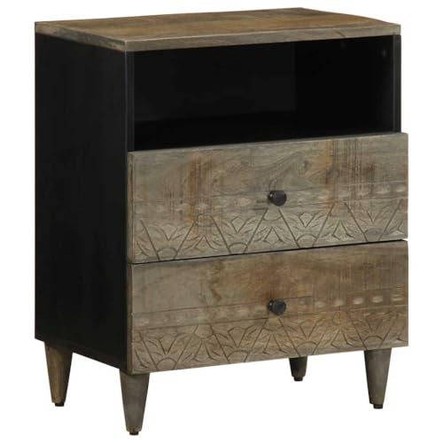 Fasba Nachttisch Hellgrau 50x33x60 cm Massivholz Mango, Beistelltisch mit viel Stauraum, Nachtschrank, Nachtkommode, Nachtkonsole