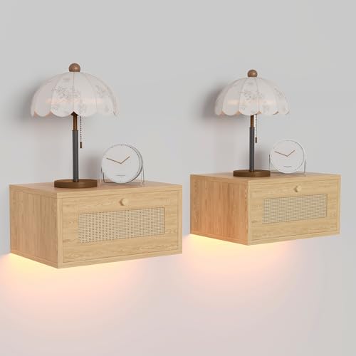Nachttisch 2er Set Hängend mit 2 RGB LED-Beleuchtung,Nachtkäs tchen Schwebend mit Schublade,Modisch & Vielseitig,Platzsparender Schmaler Schrank für Schlaf & Wohnzimmer(Holz-Finish,40 x 30 x 20 cm)