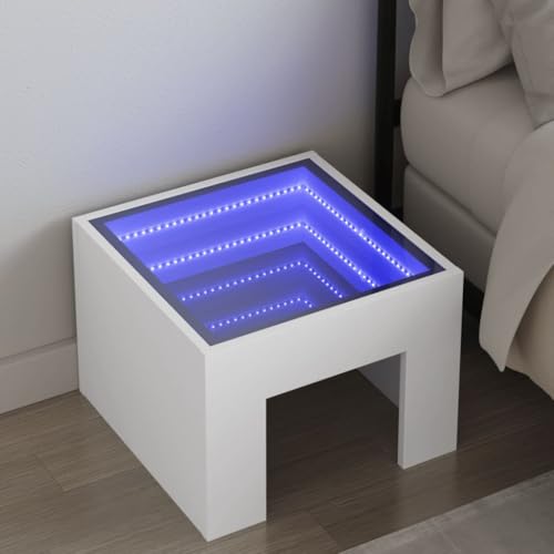 HaoChrymec Nachttisch Weiß mit Infinity-LED, Holzwerkstoff und Glas, RGB-Beleuchtung, Beistelltisch für Schlafzimmer, Kommode mit Schubladen, 40x40x30 cm