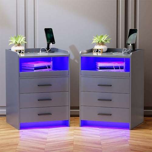 Lvifur Nachtschrank 2er Set mit Beleuchtung, Led Nachttisch mit Ladefunktion, 24 Farben Dimmbar, Sideboard mit 3 Schubladen USB Type-C Automatischer Sensor Schlafzimmer Grau