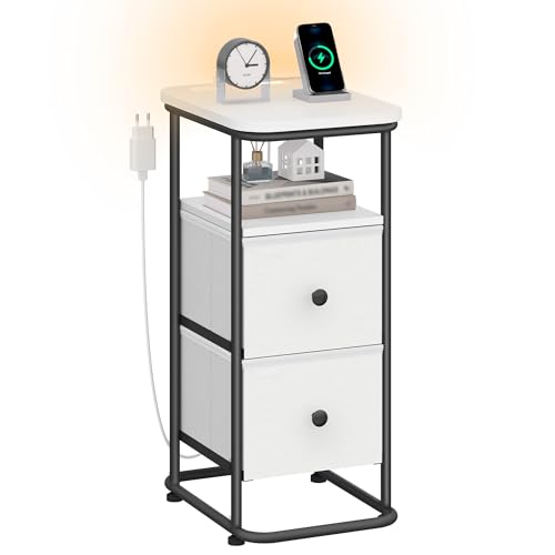 Hzuaneri Nachttisch, Schmal Beistelltisch mit LED-Beleuchtung, 1 USB-A-Anschluss, 1 USB-C-Anschluss, Nachttische mit 2 Schubladen, Modern, für Schlafzimmer, Wohnzimmer, Weiß-Schwarz NS12113B