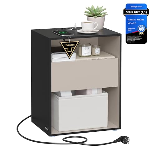 VASAGLE Nachttisch, Toolless-Technologie, superschnelle werkzeuglose Montage, Beistelltisch mit Ladefunktion, Nachtschrank mit Schublade, Schlafzimmer, tintenschwarz-cappuccinob eige LET777B04