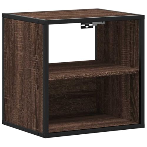 Makastle Wand-Nachttisch mit 2 offene Fächer, Beistelltisch mit Metallrahmen für Schlafzimmer Wohnzimmer, Braun Eichen-Optik 40x31x39,5 cm Holzwerkstoff