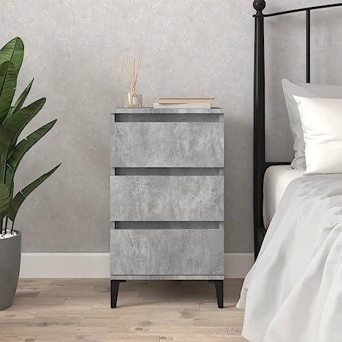 Qnhdfrt Industrie Nachttisch Betongrau 40x35x70 cm mit 3 Schubladen aus Holzwerkstoff und Metallfüßen für Schlafzimmer und Wohnzimmer
