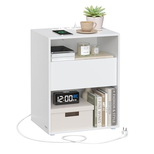 VASAGLE, Beistelltisch Ladefunktion, Superschnelle werkzeuglose Montage, Nachtschrank Schublade, modern, Schlafzimmer, Wohnzimmer, Toolless Technologie, mattweiß LET777W04
