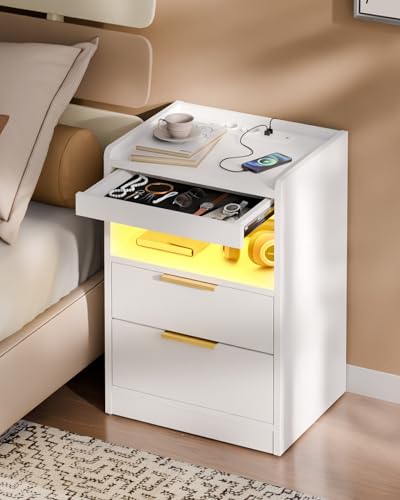 Mondeer Nachttisch LED mit Versteckte Schublade, Nachtschrank mit USB-Anschlüssen & Steckdosen, für Schlafzimmer Wohnzimmer Büro, 60 x 37 x 35 cm (Weiß)