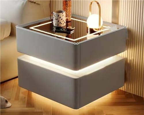 Nachttische, moderner schwimmender Nachttisch aus Massivholz mit LED-Licht Smart Wireless Nachttisch mit 2 Schubladen Aufbewahrungsschrank aus gehärtetem Glas für das Schlafzimmer im Wohnzim