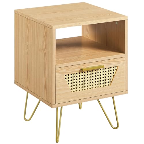 Yaheetech Nachttisch Rattan Beistelltisch Nachtschrank für Boxspringbett Nachtkommode mit 1 Schublade und 1 offenen Ablagefach Metallbeine Sofatisch 40 × 40 × 55 cm, Hellbraun