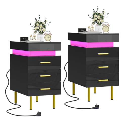 HaodaCulture Nachttisch 2er Set Schwarz, Nachttisch mit LED Beleuchtung, Beistelltisch, Schiebekommode Oben, 3 Schubladen, Nachttisch mit Beinen hoch für Schlafzimmer, Wohnzimmer 55x35x67.5 cm