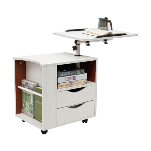 Kazafa Multifunktionaler Nachttisch, höhenverstellbarer Laptoptisch auf Rollen mit 360° drehbarer Platte & 2 Schubladen, praktisches Bücherregal mit Zeitungsständer für Bett und Sofa (Weiß)