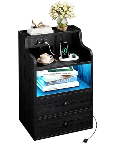 IRONCK LED Nachttisch mit Steckdose, Beistelltisch Holz mit Ladefunktion, Nachtschrank mit 2 AC, 1 USB& 1 Type-C Anschlüsse, Sofatisch mit 2 Schubladen für Wohnzimmer,Schlafzimmer, 45x30x70cm Schwarz