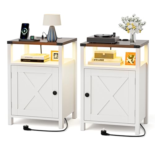 BonVache Nachttisch 2er Set mit LED, Farbverstellbar, Beistelltisch mit Tür und Etagen, Offenem Stauraum, Eingebaute Steckdose, für Schlafzimmer, Lesezimmer, Wohnzimmer, Flur, Weiß-Braun