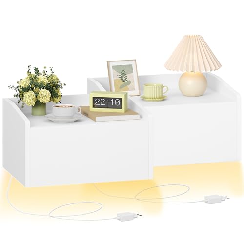 Hzuaneri Nachttisch Hängend 2er Set, Nachttisch Schwebend mit LED-Beleuchtung, Wandschublade mit 1 Schublade, Modern, für Schlafzimmer, Wohnzimmer, 30 x 40 x 22,5 cm Weiß NS52203XEU