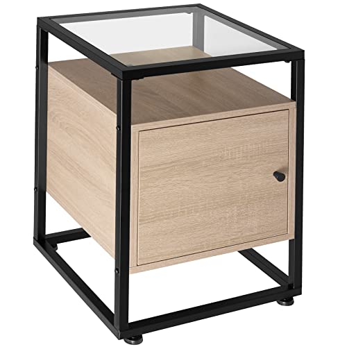 tectake Nachttisch mit Glasplatte, 40 x 43 x 60,5 cm, Beistelltisch im Industrie-Design, Holz Schrank mit Magnettür und Einlegeboden, schwarzes Metallgestell (Industrial Holz hell, Eiche Sonoma)
