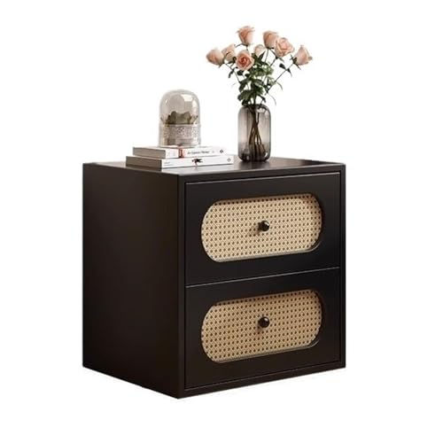 Rattan Craft Massivholz-Nachttisch, böhmischer Couchtisch mit Schubladen, Kommode mit geräuschloser Metallschiene für Schlafzimmer und Wohnzimmer (schwarz, 40 x 40 x 46 cm)