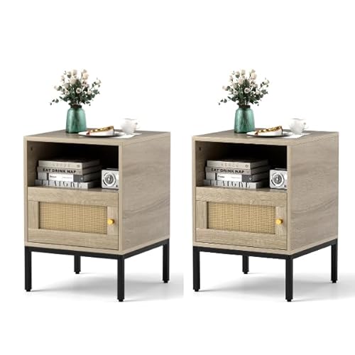 GIANTEX Nachttisch Rattan Boho Beistelltisch mit offenem Regal & Schrank Nachtkommode Nachtschrank Metallbeine Sofatisch Nachtkonsole mit verstellbaren Füßen 40 x 40 x 57 cm (2, Natur)
