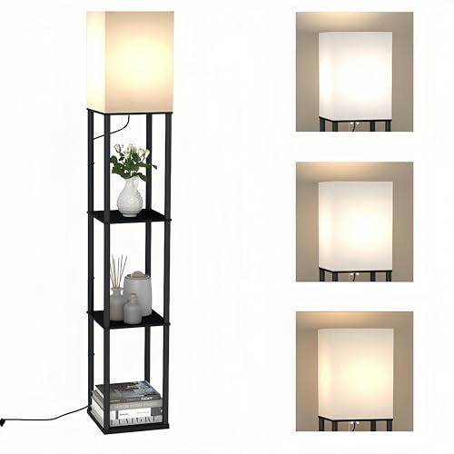 Nachttisch Modern mit Licht,Nachtschrank aus Holz und Metall mit Beleuchtung für Boxspringbett Schlafzimmer Kinderzimmer,Moderner Beistelltisch Bücherregal 3 Ebenen für Wohnzimmer Flur Büro,Schwarz