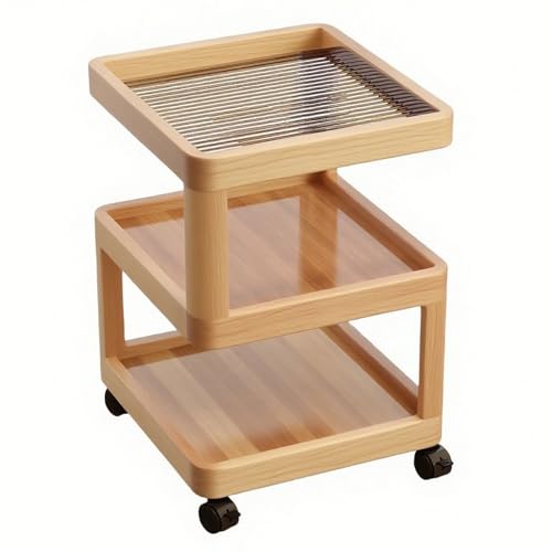 Schiebe-Beistelltisch mit 3 Ablageebenen, S-Form, kleiner rollbarer Nachttisch für Wohnzimmer, Schlafzimmer und enge Räume, einfache Montage, Beige B 30 cm