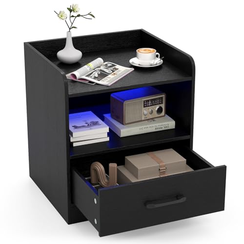 RELAX4LIFE Nachttisch mit LED-Beleuchtung, 3-stufiger Beistelltisch mit Schublade & offenem Fach, moderner Nachtschrank mit Fernbedienung, einstellbare Farben, für Schlafzimmer & Wohnzimmer, Schwarz