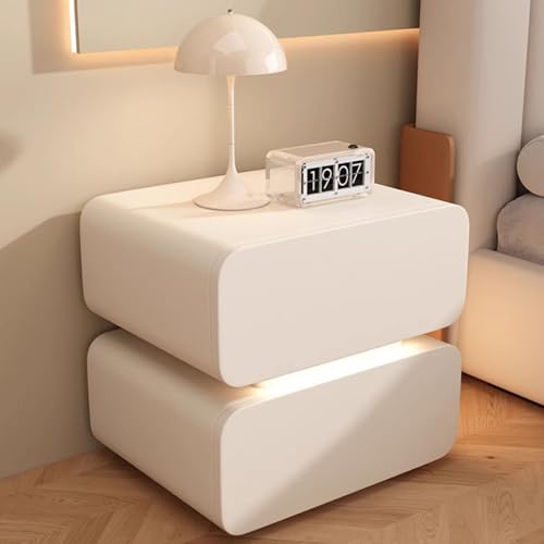 IROEJT Weißer Nachttisch mit LED-Beleuchtung, Leder, 2 Schubladen, stilvoller Beistelltisch für Schlaf- und Wohnzimmer, Keine Montage erforderlich?Beige White S