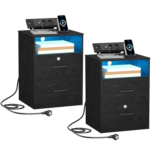 Hzuaneri Nachttisch 2er Set, mit Ladesäule, USB- und Typ-C-Anschlüsse, Beistelltisch mit LED-Leuchten, 1 Offenes Fach und 2 Schubladen, für Schlafzimmer, Wohnzimmer, Schwarz NS36704X