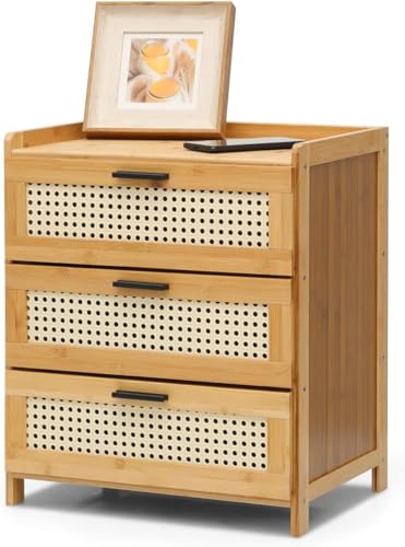 TOTLAC Nachttische, Nachttischkommode, schmal, Bambus-Nachttisch, Boho-Beistelltisch für Schlafzimmer, schmaler Nachttisch mit Schubladen, Nachttischkommode, 2er-Set, Vintage-Nachttischsc
