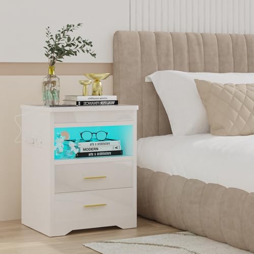 Chleby Hochglanz-Nachttisch Abschließbarer Aktenschränke Nachttische mit Steckdose und LDE-Lichtleiste Kommode Ablageschrank Beistelltisch mit 3 Schubladen für Schlafzimmer, Wohnzimmer Weiß