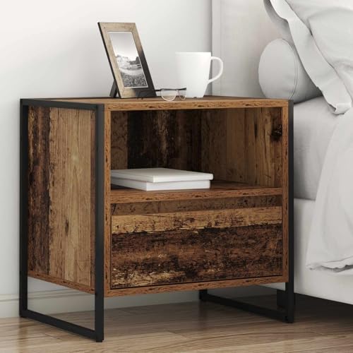 Mokuyary Nachttisch, Holz, Antik-Optik, 50 x 39,5 x 50 cm, Holz, Beistelltisch, Sofa-Ende, Seitenschrank, einfache Montage für Schlafzimmer, Wohnzimmer