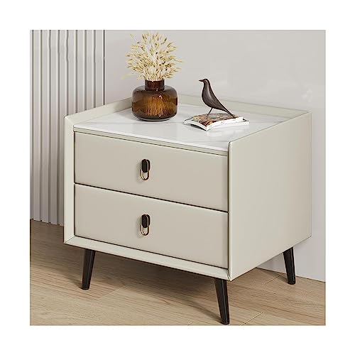 IROEJT Eleganter Nachttisch im nordischen Stil mit Leder- und Marmorimitatplatte, 2 Schubladen und quadratischem Holzschrank?Off White 45 * 40 * 48CM