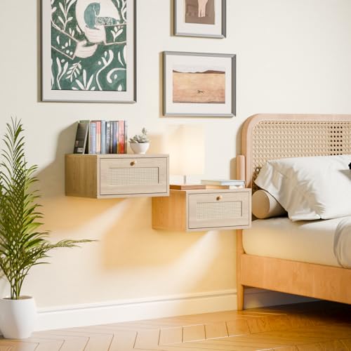 Ztexkee 2er Set Hängender Nachttisch Rattan Nachtschrank hängend mit RGB LED Lichtleiste und 1 Schublade für Schlafzimmer, Wohnzimmer Beige