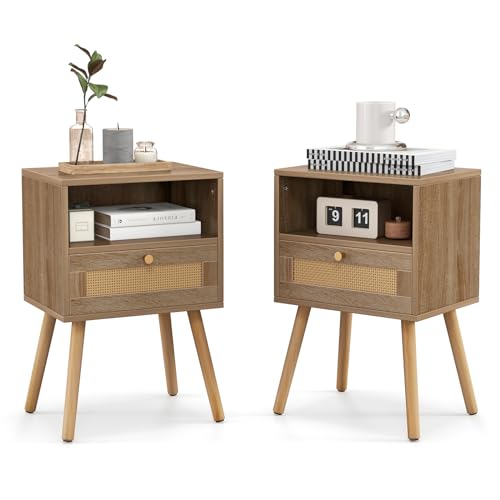 COSTWAY Nachttisch Rattan 2er Set, Nachtschrank mit Schublade & offenem Fach, Beistelltisch mit Massivholzbeinen, Nachtkommode im Boho-Stil, Sofatisch für Schlafzimmer, Wohnzimmer, 40 x 30 x 60,5 cm
