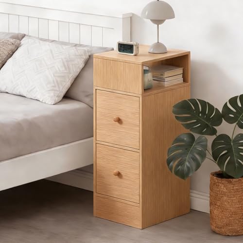 Sanery Schmaler Nachttisch mit 2 Schubladen und Ablage, Wohnzimmer Sofa Beistelltisch Kleiner Nachtschrank Telefontisch für Home Schlafzimmer, Walnuss