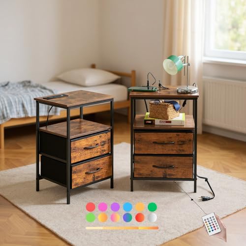 FurnitureR 2 x Nachttische für Jugendliche, Beistelltisch mit Mehreren Farben, 2 AC Sockets, 2 USB-Anschlüsse für Drawers, 2 Schubladen aus Stoff, industrieller Retro-Stil, Braun, 40 x 30 x 60 cm