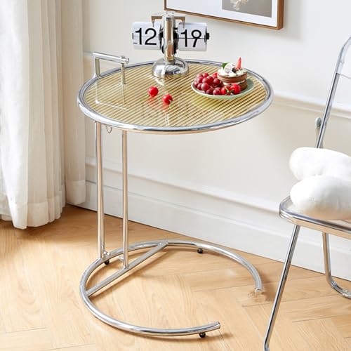 Beistelltisch aus Glas, runder Beistelltisch mit Griff und Metallrahmen, höhenverstellbarer C-förmiger Sofatisch, kleiner Couchtisch mit Platte aus gehärtetem Glas, Nachttisch für Wohnzimmer und Schl
