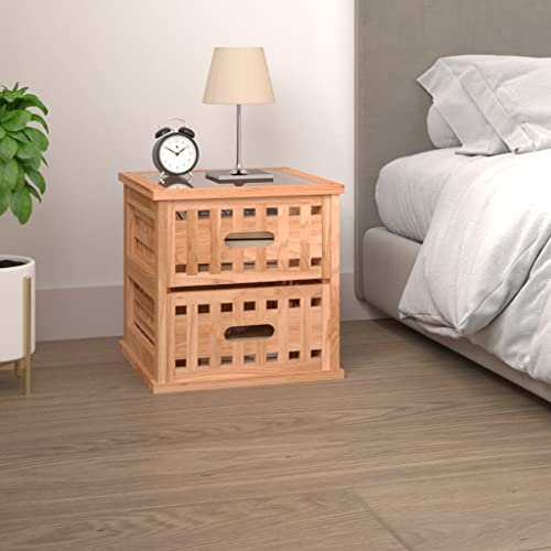 HETFTJN Nachttisch Massivholz Nussbaum 34x34x34 cm mit Glasplatte und 2 Schubladen Beistelltisch Modernes Design Robuste Stable Kommode für Schlafzimmer Wohnzimmer und Flur