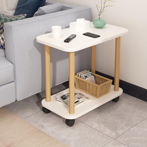 Qiebenav Beistelltisch Holz, 2 Tier Nachttisch Schmal mit Rollen Mobil, 60x30x47cm, Beistelltisch Klein mit Stauraum,für Wohnzimmer, Schlafzimmer, Balkon, Einfache Aufbau (weiß)