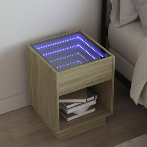 Runheo Nachttisch mit Infinity-LED, Sonoma-Eiche Optik, 40x40x50 cm, Holzwerkstoff Glas, mit RGB-Beleuchtung, für Schlafzimmer, Wohnzimmer, Beistelltisch, langlebig
