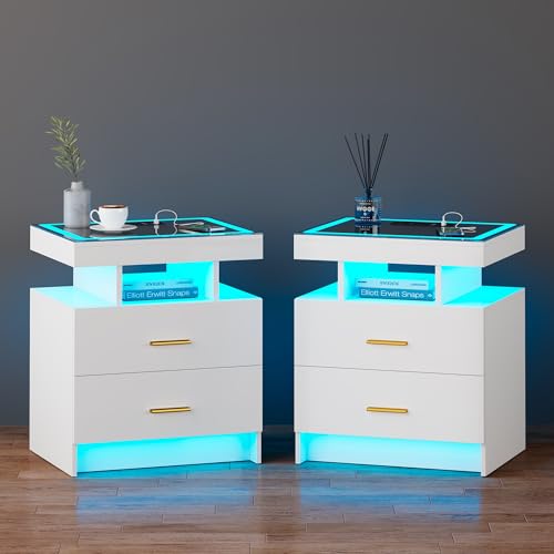 Gurexl Smart Nachttisch 2er Set mit Ladefunktion und Geheimfach,Bedside Table mit 3 Farbigen Lichtern und Glasplatte,Nachtkommode mit Offene Fächer und Intelligente Sensorik,für Schlafzimmer,weiß