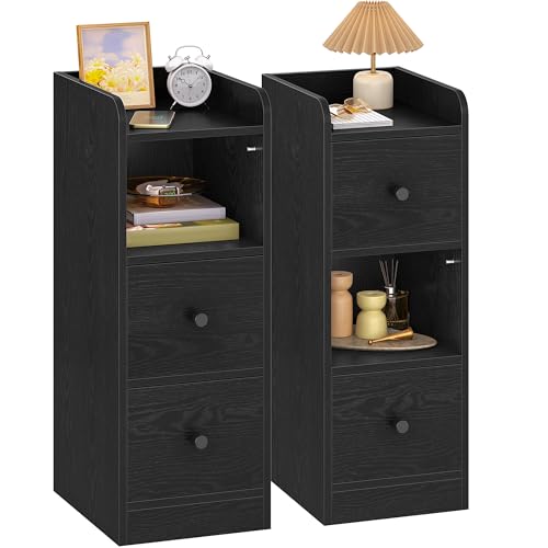 Hzuaneri Nachttisch 2er Set, Schmal Beistelltisch mit 2 Schubladen, Nachttische mit Offenem Fach, Verstellbare Schubladenposition für Schlafzimmer, Wohnzimmer, 30 x 24 x 65 cm Schwarz NS62204X