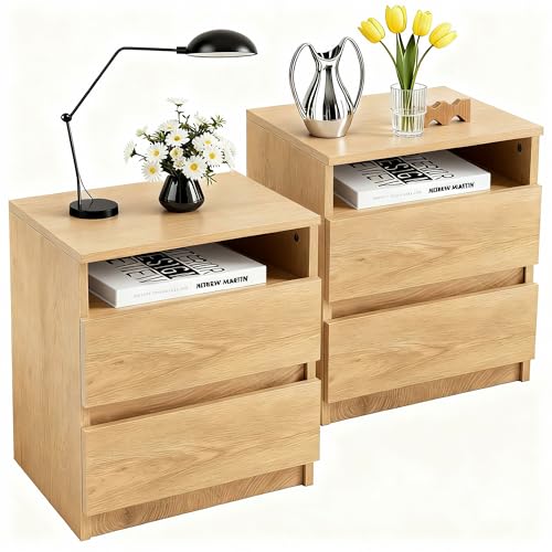 Mingone 2er-Set Nachttische mit 2 Schubladen,Nachtschrank aus Holz,Beistelltisch mit Stauraum für Wohnzimmer, Schlafzimmer Holzfarben