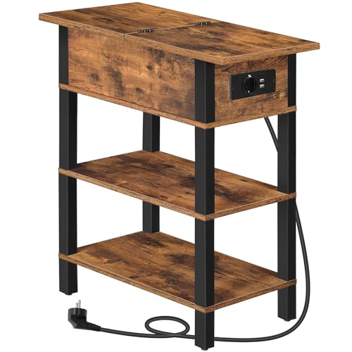 HOOBRO Beistelltisch, Flip-Top Sofatisch mit Ladestation und Ablagefläche, Schmaler Nachttisch mit Ablagen, für kleine Räume, Wohnzimmer, Rustikales Braun und Schwarz EBF141CBZ01