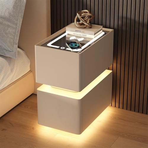 Intelligenter schmaler Nachttisch mit kabelloser Aufladung, LED-Nachttisch mit 2 Schubladen, Platte aus gehärtetem Glas, Mikrofaserleder, ideal für kleine Räume (Khaki, 15,7 x 15,7