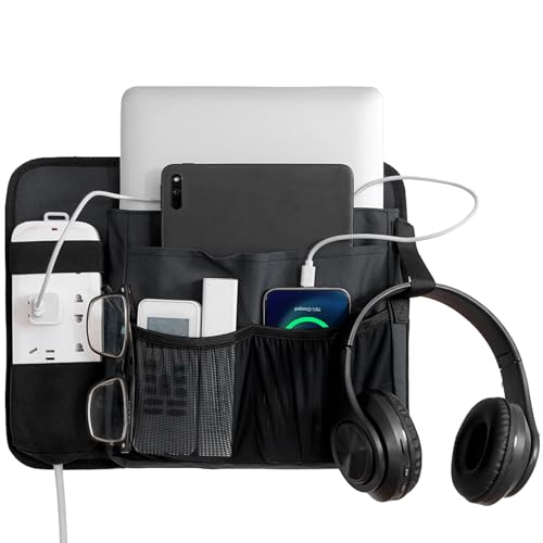 WOMACO Nachttisch-Caddy mit Steckdosenleistentasche, robuster Etagenbett-Caddy-Organize r, hängende Bett-Seitenaufbewahrung mit Steckdosenleiste für Wohnheim, Krankenhaus, Hochbett (schwarz)