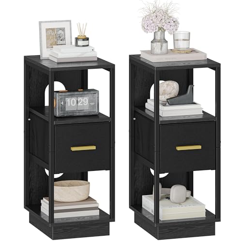 Hzuaneri Nachttisch 2er Set, Beistelltisch mit Offenes Fach, Nachttisch Schmal mit 1 Stoffschublade, Modern, für Schlafzimmer, Wohnzimmer, 30 x 24 x 60 cm, Schwarz NS61304B
