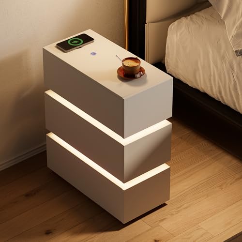 Homary Schmaler Smart Nachttisch mit Wireless Charging, USB & Type-C, Moderner LED Nachttisch mit 3 Schubladen, Weißer Nachttisch mit Stauraum für Schlafzimmer