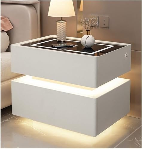 Nachttisch, Nachttisch mit kabelloser Ladestation und USB/Typ-C-Anschlüssen, Nachttisch mit LED-Licht, moderner Nachttisch mit Sensorlicht für Büro, Schlafzimmer (Grau, 48 x 49,9 x 50 cm)