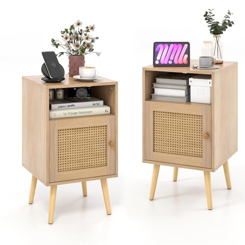 GIANTEX 2er Set, Rattan Boho, Nachtkästchen offenem Regal & Tür, Nachtkommode Holzbeinen, Nachtkonsole, kleiner Beistelltisch Sofatisch, 40x40x70 cm, Natur