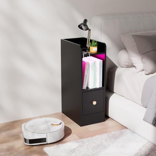 Ztexkee Nachttisch schmal Nachtschrank mit Steckdose und LED Lichtleiste Schmaler Beistelltisch Kleiner Nachttisch mit 1 Schubladen und 2 Ablagefächer für Schlafzimmer, Wohnzimmer Schwarz